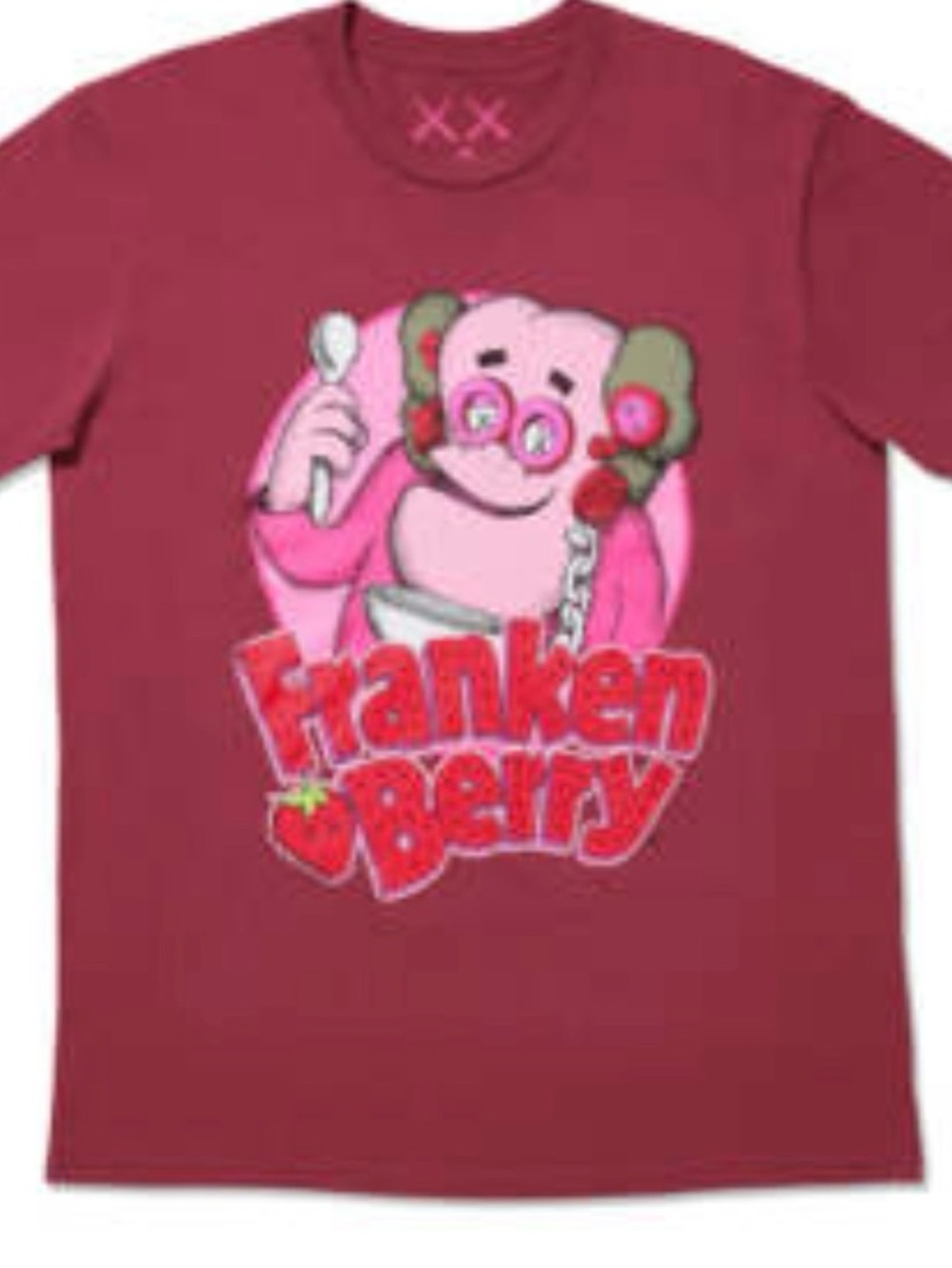 KAWS Franken Berry Graphic Tee - Burgundy with Pink Print
